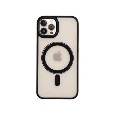 Husa iPhone 13 Pro, Premium MagSafe, Butoane Metalice, Spate Transparent, Rama Negru